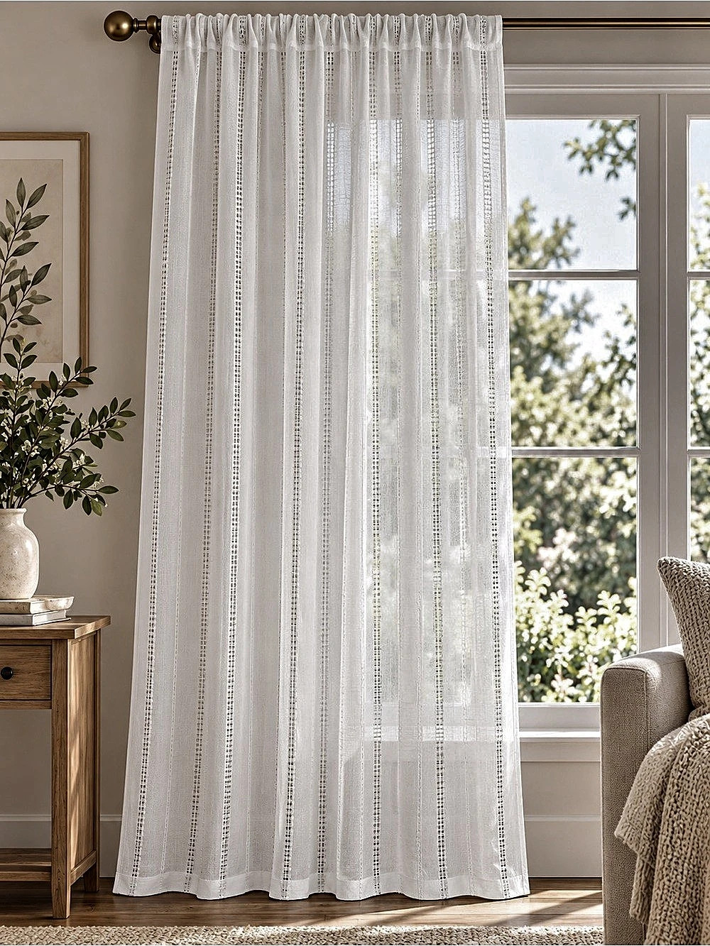 Bee & Willow Home White Striped Curtain Panel Polyester Like New